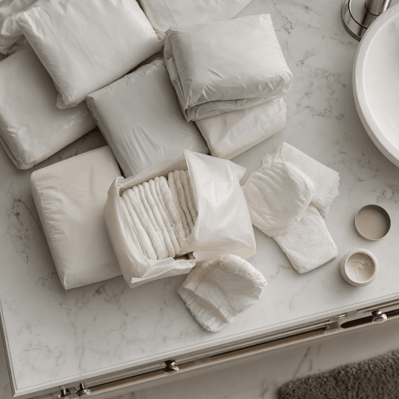 A scattered flat-lay of unused diaper packs and a rash cream jar on a bathroom counter