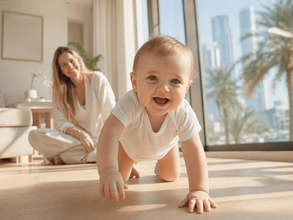 A laughing baby in a white onesie crawls on a clean wood floor with afternoon light from a window