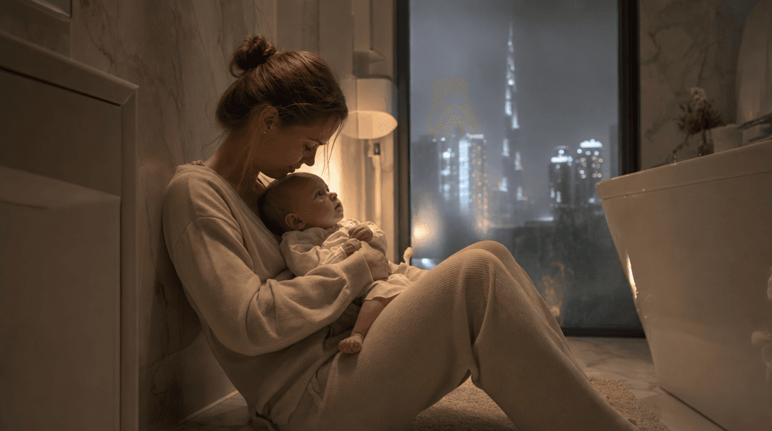 A young mother sits on the floor of a softly-lit bathroom at night, holding her infant daughter