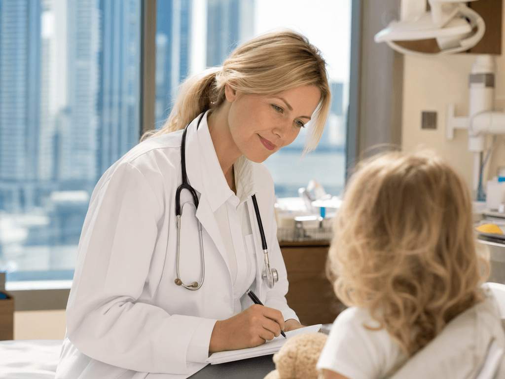 A female pediatrician in a white coat writes notes on a prescription pad in a modern Dubai clinic