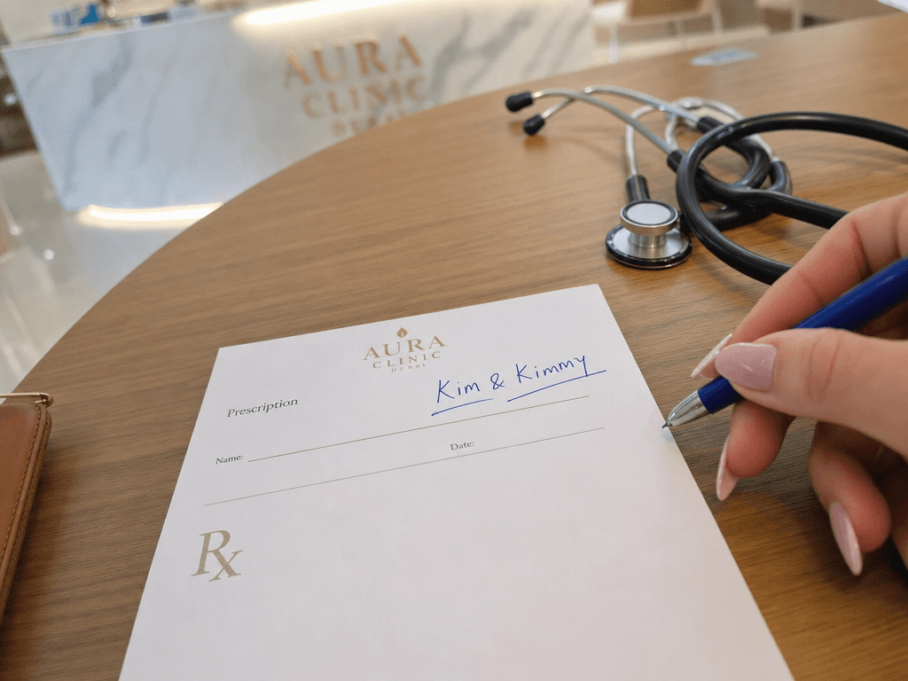 A close-up phone photo of a doctor's prescription pad with a brand name handwritten in blue pen
